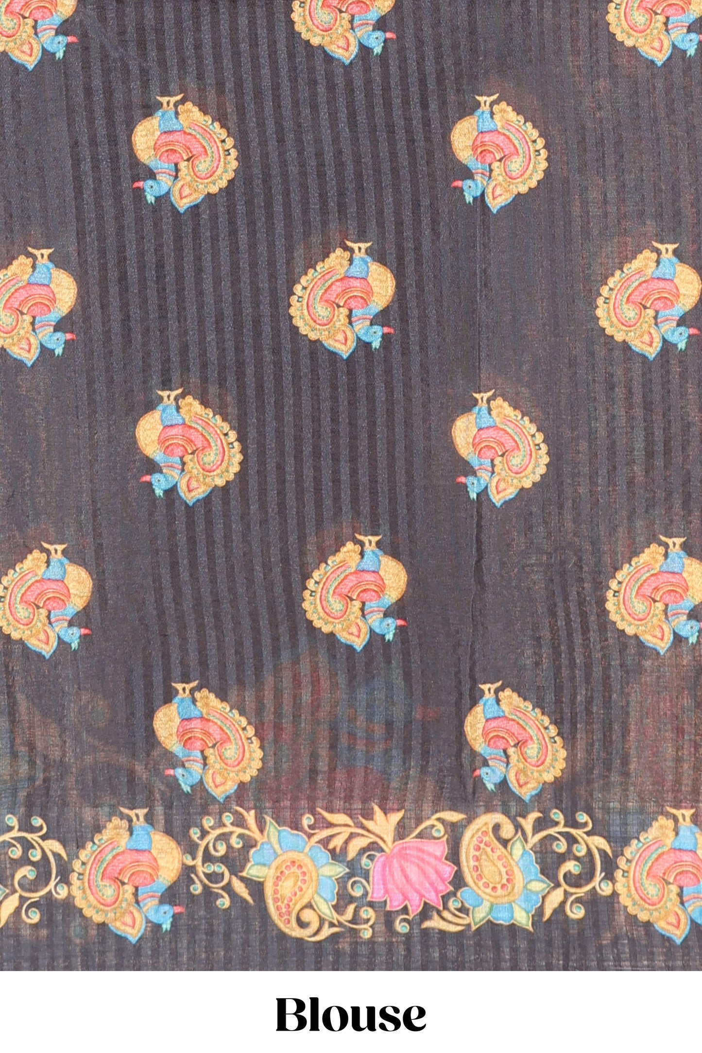 Black tanjore painting style linen tussar saree with peacock & lotus motifs and printed pallu