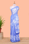 Blue linen cotton floral and birds print saree with self border and matching printed blouse