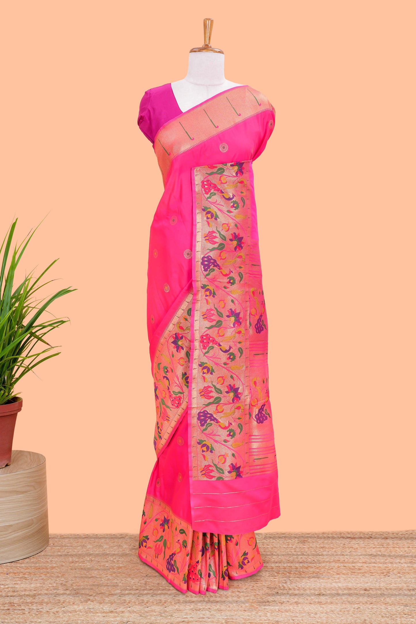 Pink art silk saree golden zari motifs body and paithani pallu along with blouse