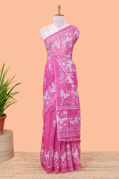 Violet linen cotton saree with floral buttas and butterfly motifs border, Printed self pallu and blouse