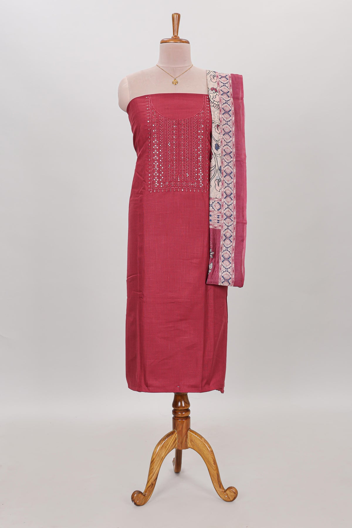 Maroon embroidery chudidhar material with contrast solid pant and floral dupatta