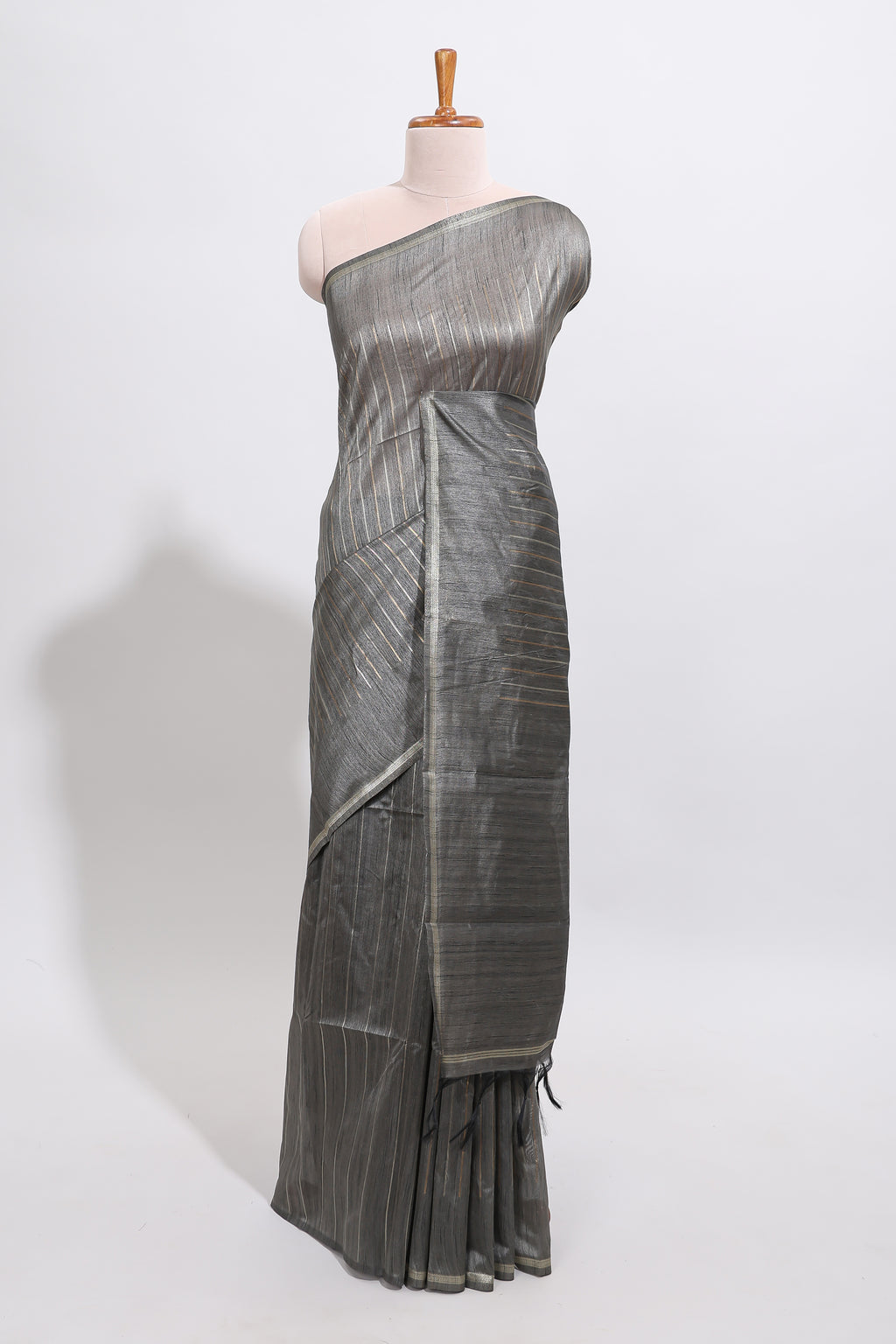 Grey striped design art tussar saree with self border and matching striped blouse