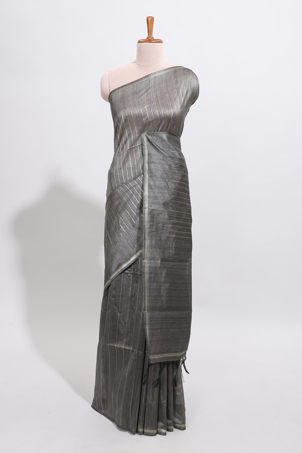 Grey striped design art tussar saree with self border and matching striped blouse