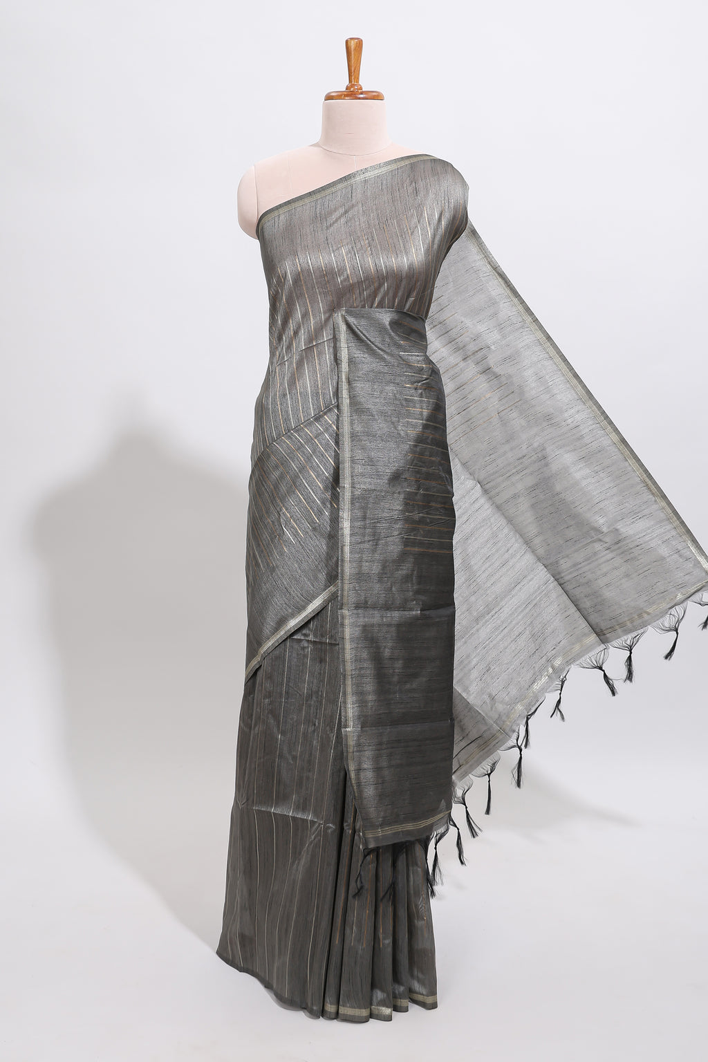 Grey striped design art tussar saree with self border and matching striped blouse