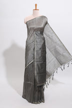 Grey striped design art tussar saree with self border and matching striped blouse