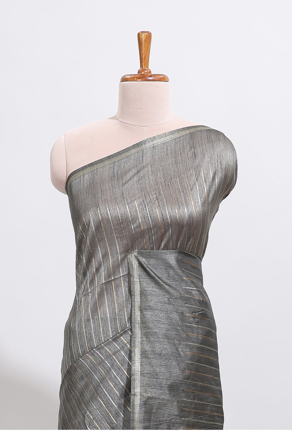 Grey striped design art tussar saree with self border and matching striped blouse