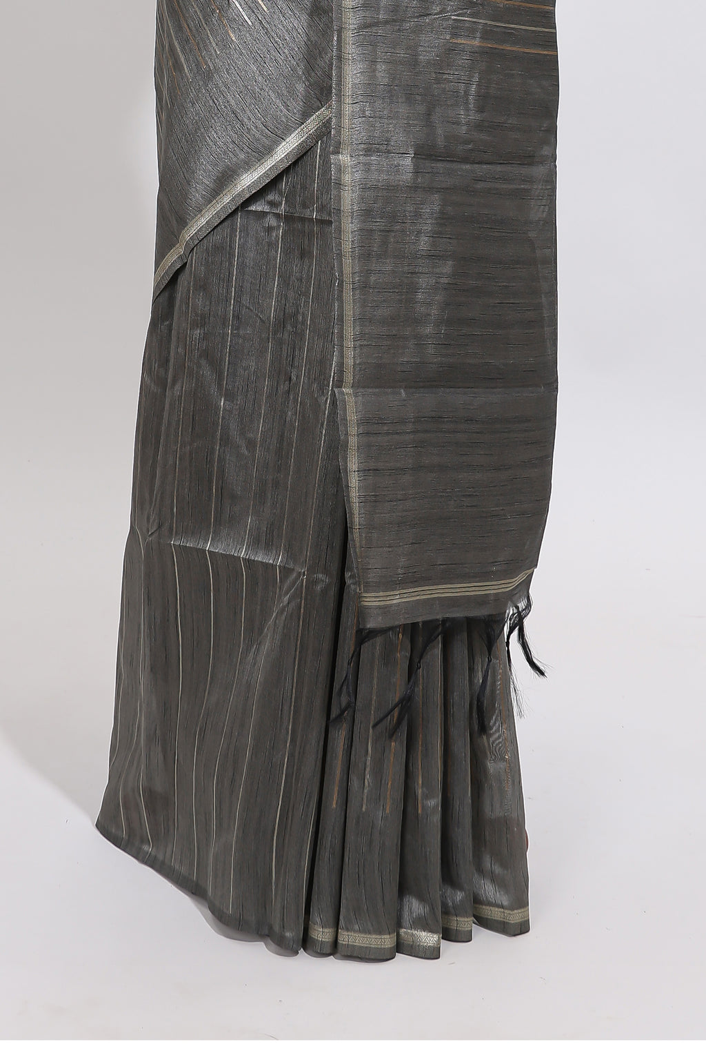 Grey striped design art tussar saree with self border and matching striped blouse