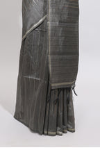 Grey striped design art tussar saree with self border and matching striped blouse