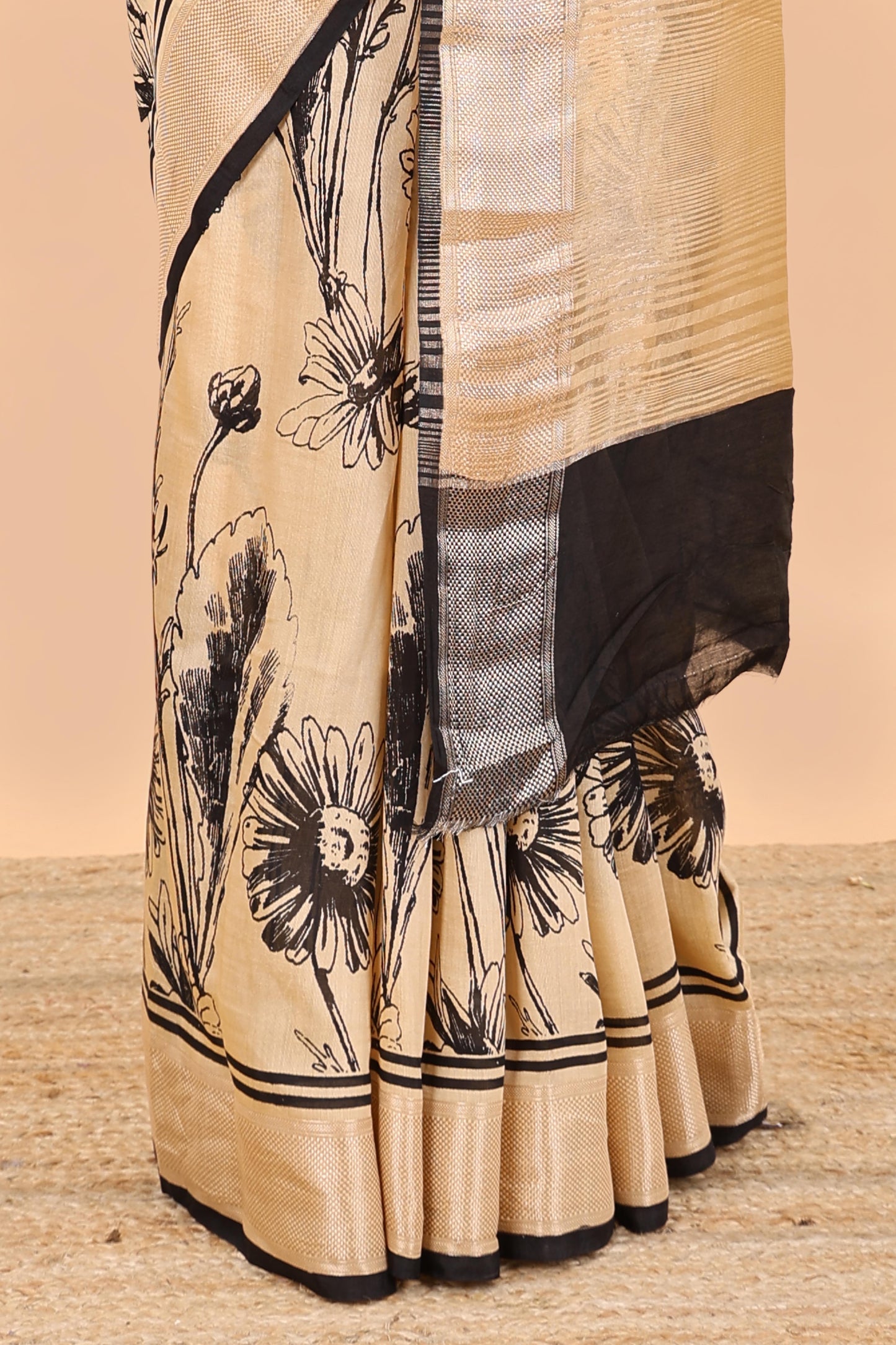 Pastal orange floral print chanderi cotton saree with zari pallu