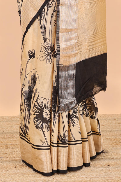 Pastal orange floral print chanderi cotton saree with zari pallu