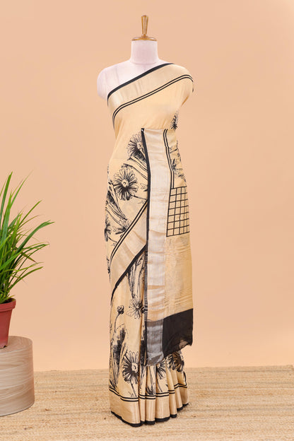 Pastal orange floral print chanderi cotton saree with zari pallu