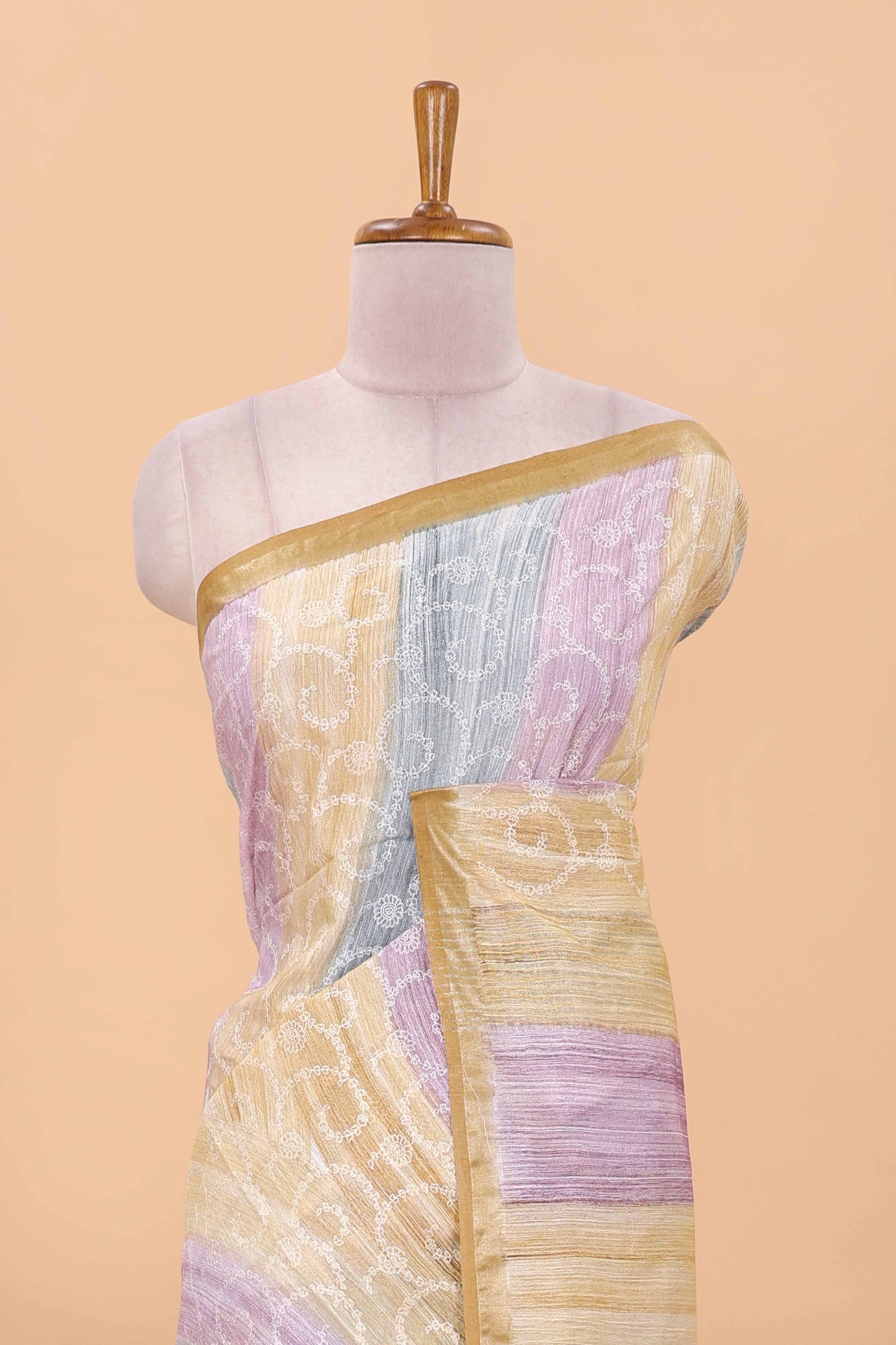 Multi color stripes chikankari cotton saree with thread work and self pallu