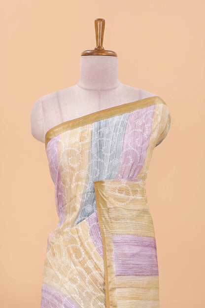 Multi color stripes chikankari cotton saree with thread work and self pallu