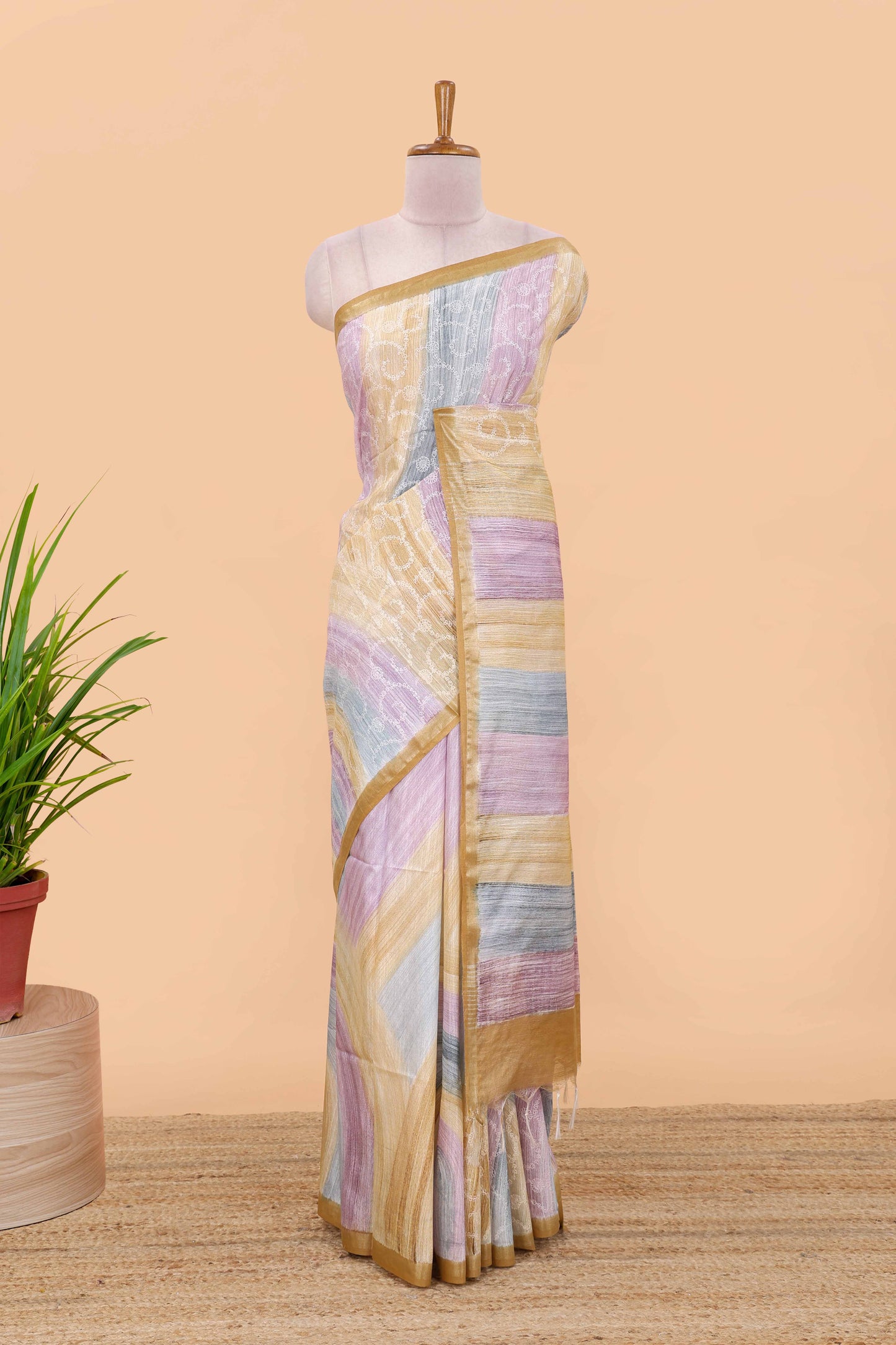 Multi color stripes chikankari cotton saree with thread work and self pallu