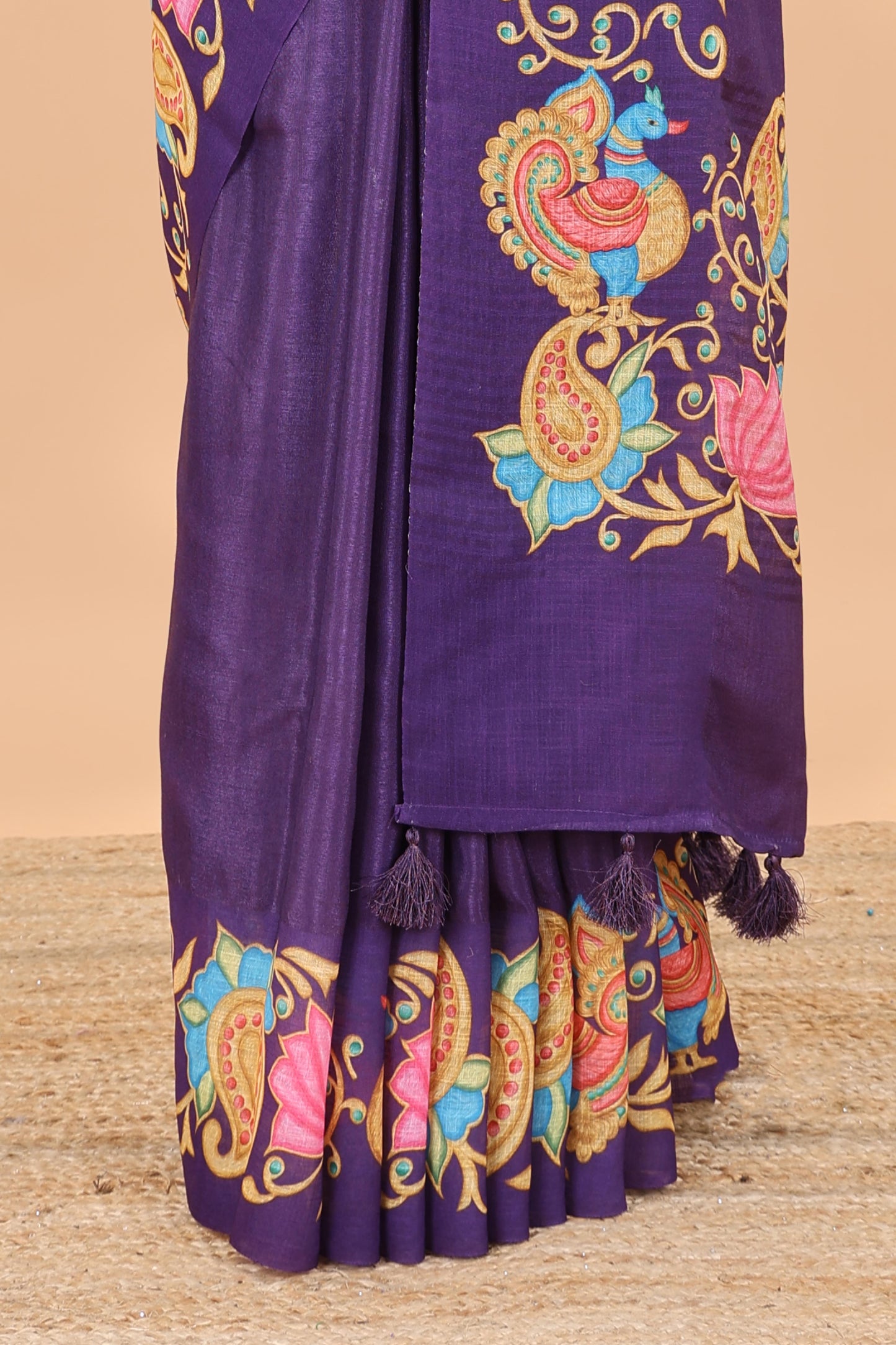 Violet tanjore painting style linen tussar saree with peacock & lotus motifs and printed pallu
