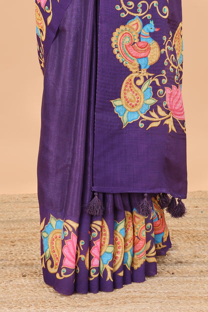 Violet tanjore painting style linen tussar saree with peacock & lotus motifs and printed pallu