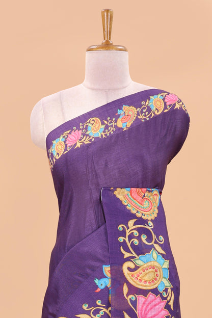 Violet tanjore painting style linen tussar saree with peacock & lotus motifs and printed pallu