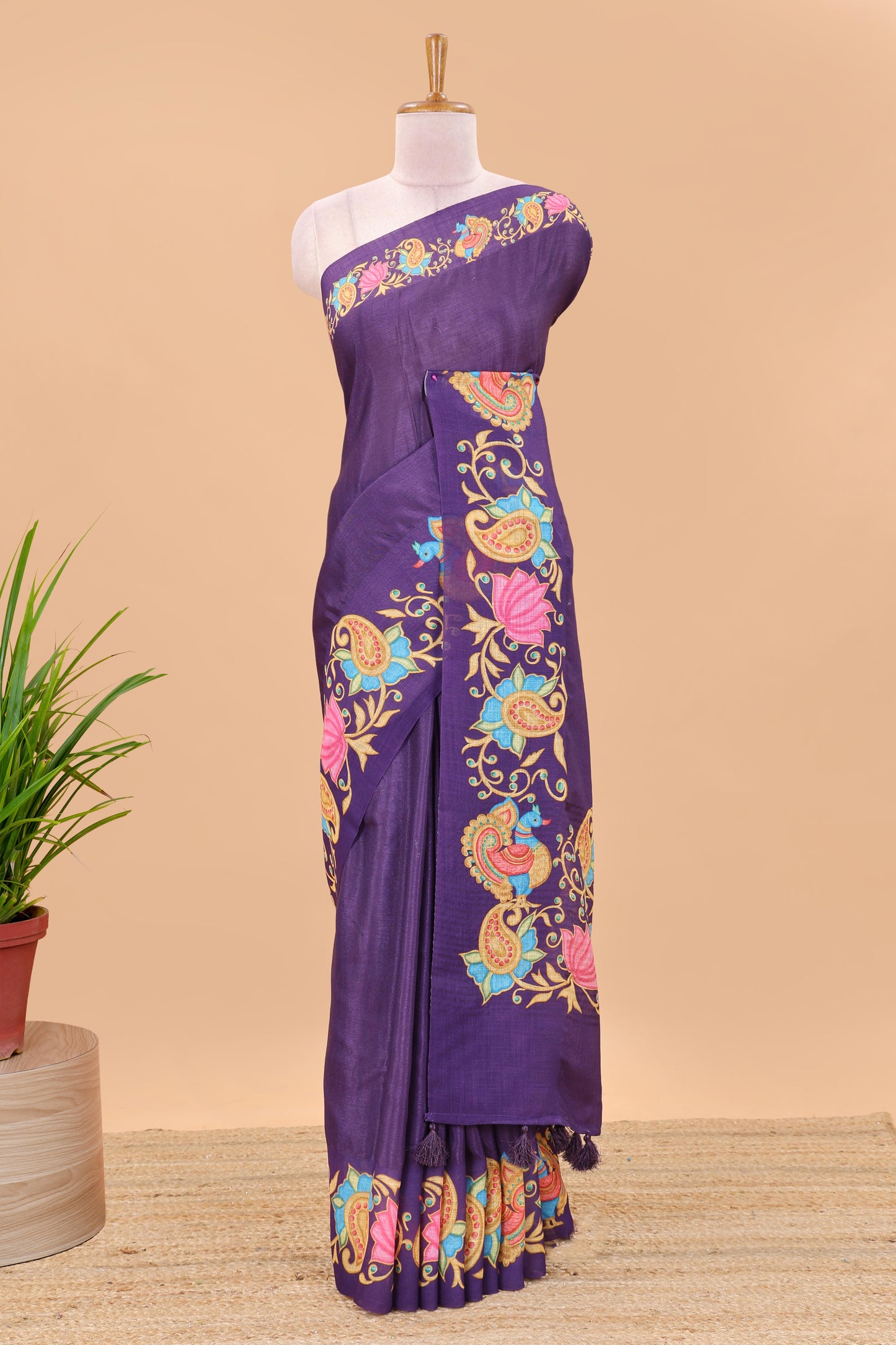 Violet tanjore painting style linen tussar saree with peacock & lotus motifs and printed pallu