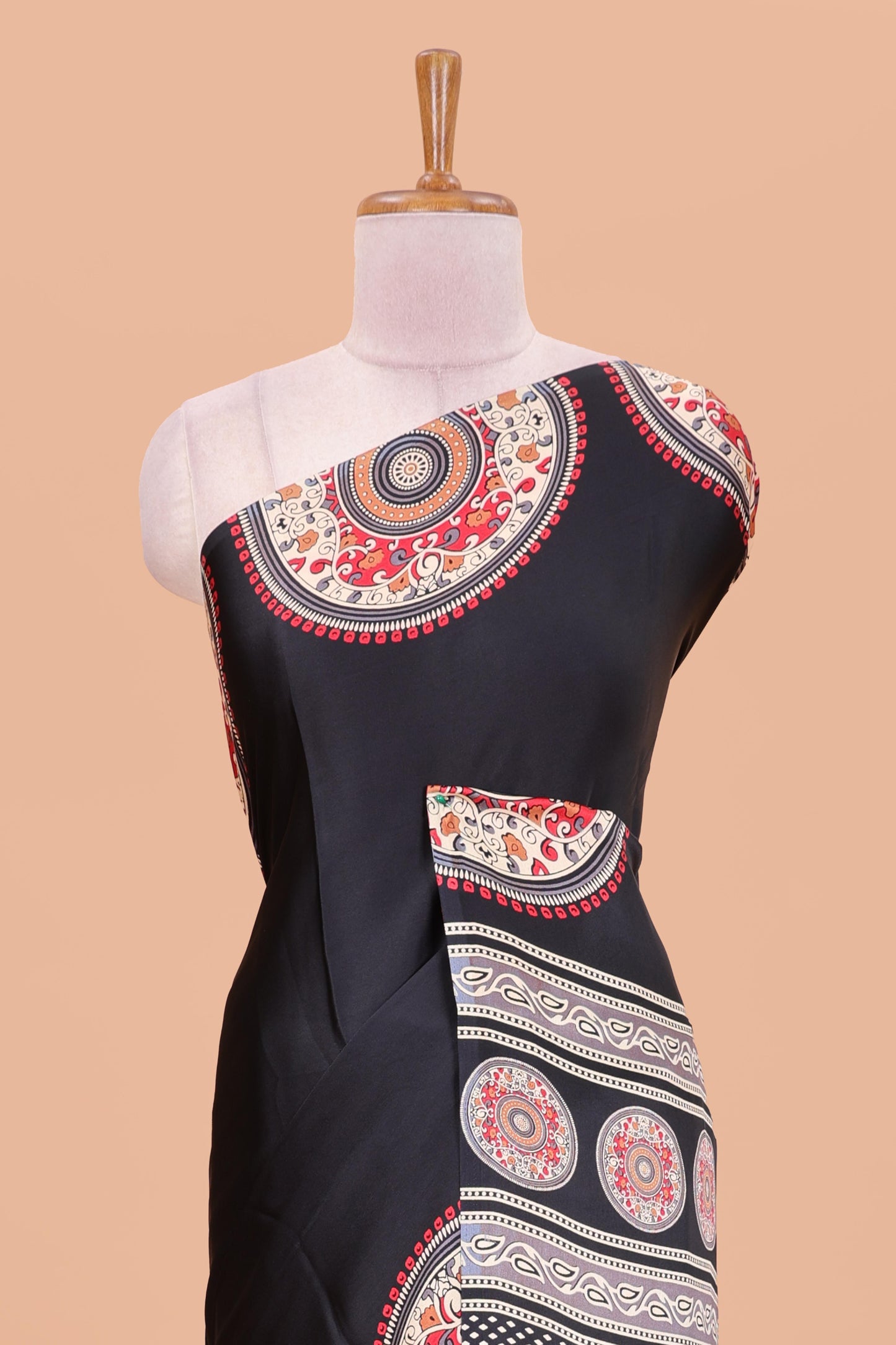 Black color satin ajrakh modal printed saree with plain border and kalamkari print pallu