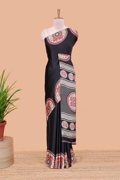 Black color satin ajrakh modal printed saree with plain border and kalamkari print pallu