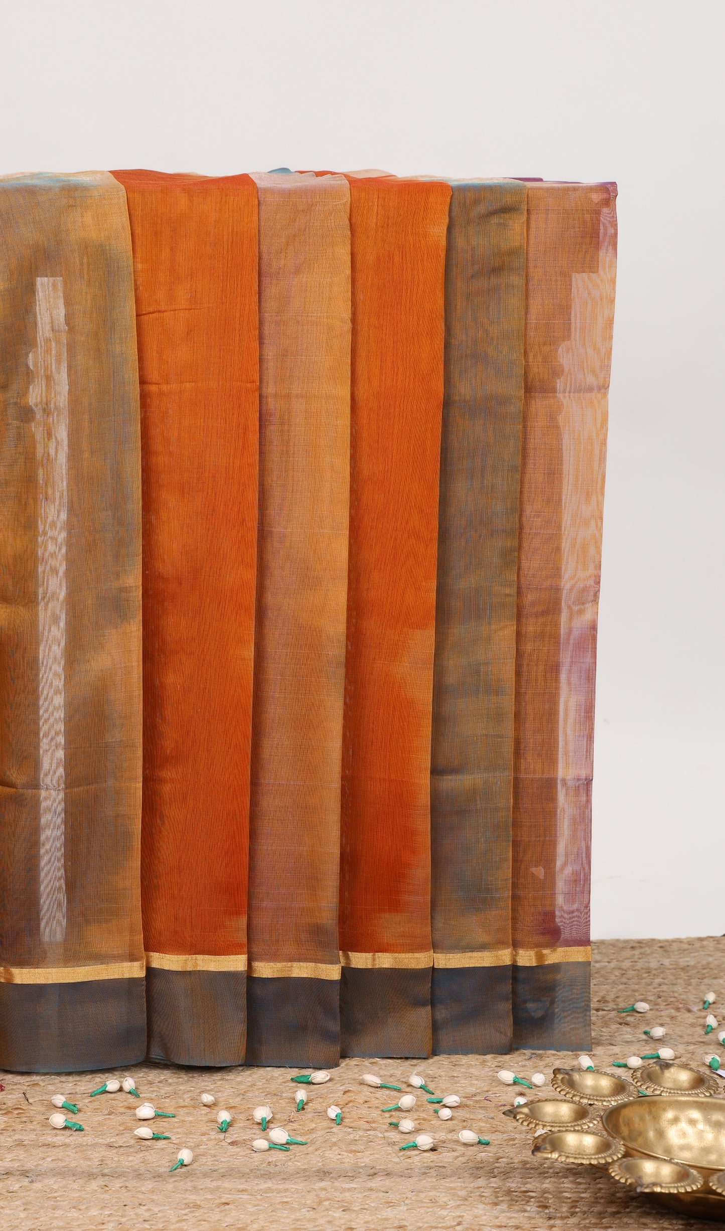 Multi color striped ikkat cotton saree with contrast zari border striped pallu