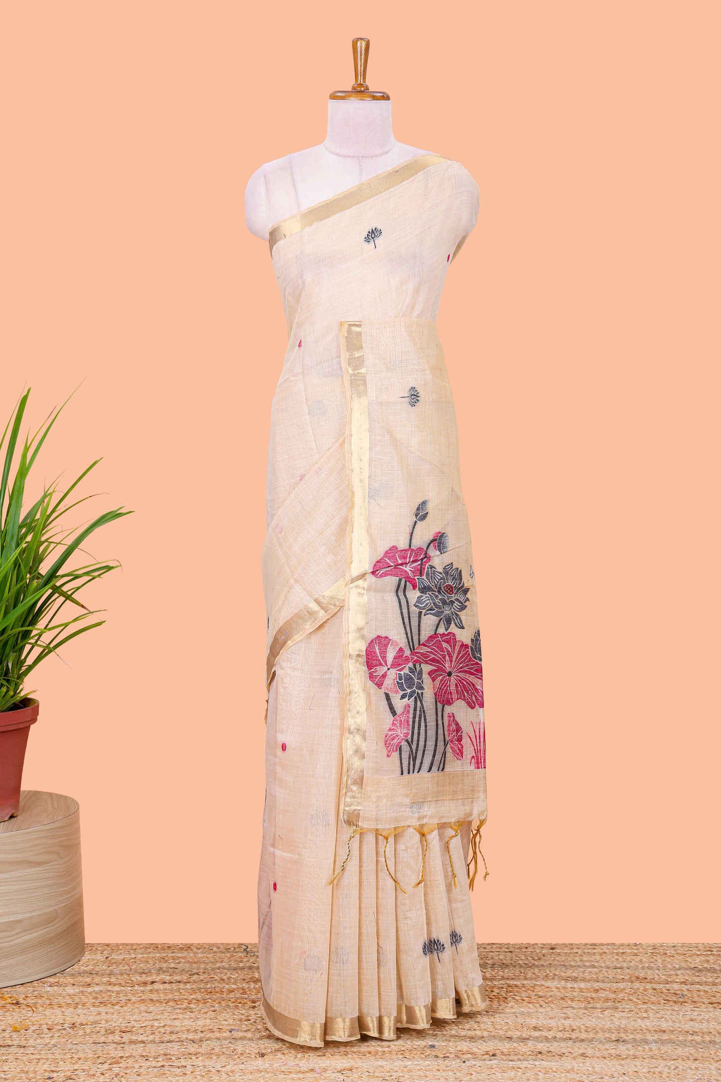 Sandal floral motifs thread weaving semi tussar saree with zari border and contrast blouse