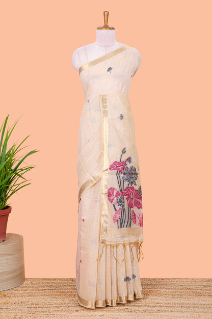 Sandal floral motifs thread weaving semi tussar saree with zari border and contrast blouse