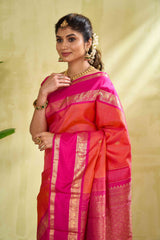 Kanchipuram Vaira Oosi Silk Saree in Bright Pink with Gold Zari and Contrast Magenta Border