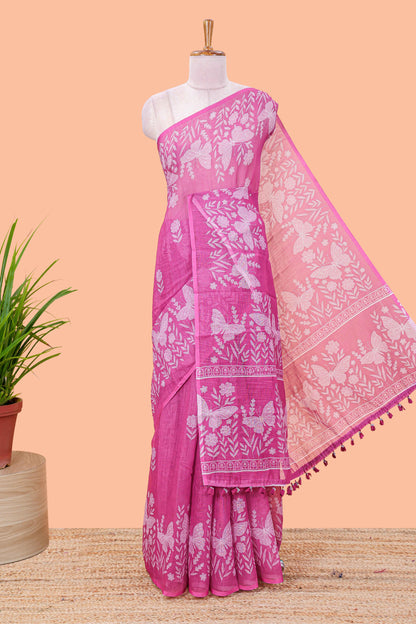 Violet linen cotton saree with floral buttas and butterfly motifs border, Printed self pallu and blouse