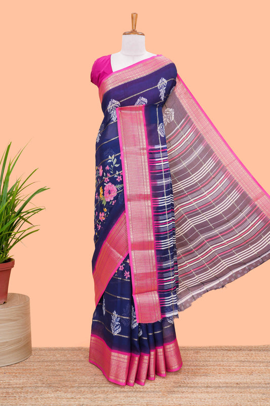 Blue Striped floral design chiffon georgette saree with contrast border and matching blouse