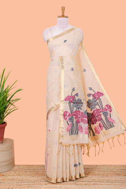 Sandal floral motifs thread weaving semi tussar saree with zari border and contrast blouse