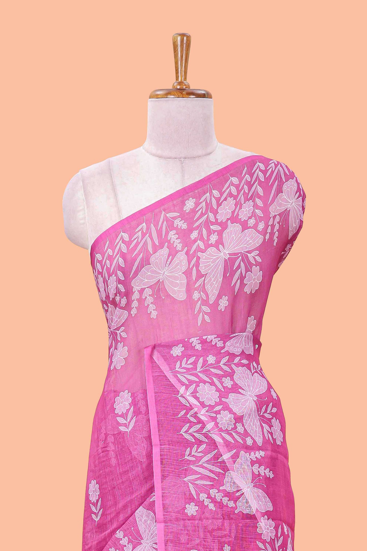 Violet linen cotton saree with floral buttas and butterfly motifs border, Printed self pallu and blouse