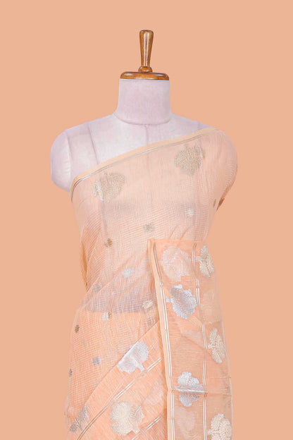 Orange floral zari butta linen tissue saree with zari border and contrast blouse