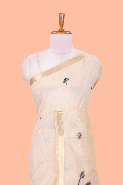 Sandal floral motifs thread weaving semi tussar saree with zari border and contrast blouse