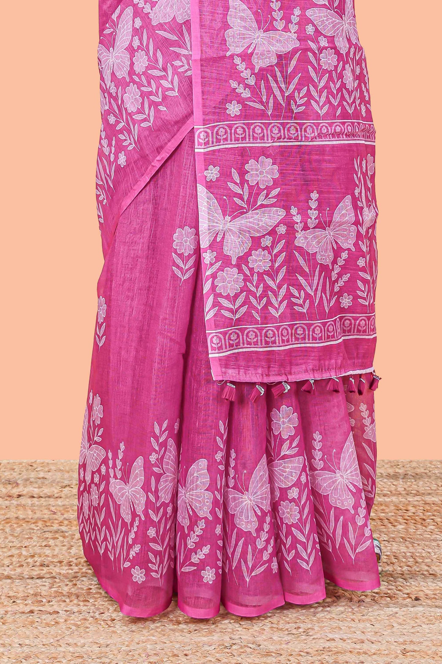Violet linen cotton saree with floral buttas and butterfly motifs border, Printed self pallu and blouse