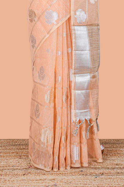Orange floral zari butta linen tissue saree with zari border and contrast blouse