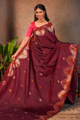 Maroon Semi soft Silk Saree Gold Zari Woven Paisley Motifs with Woven Zari Border and Contrast Blouse
