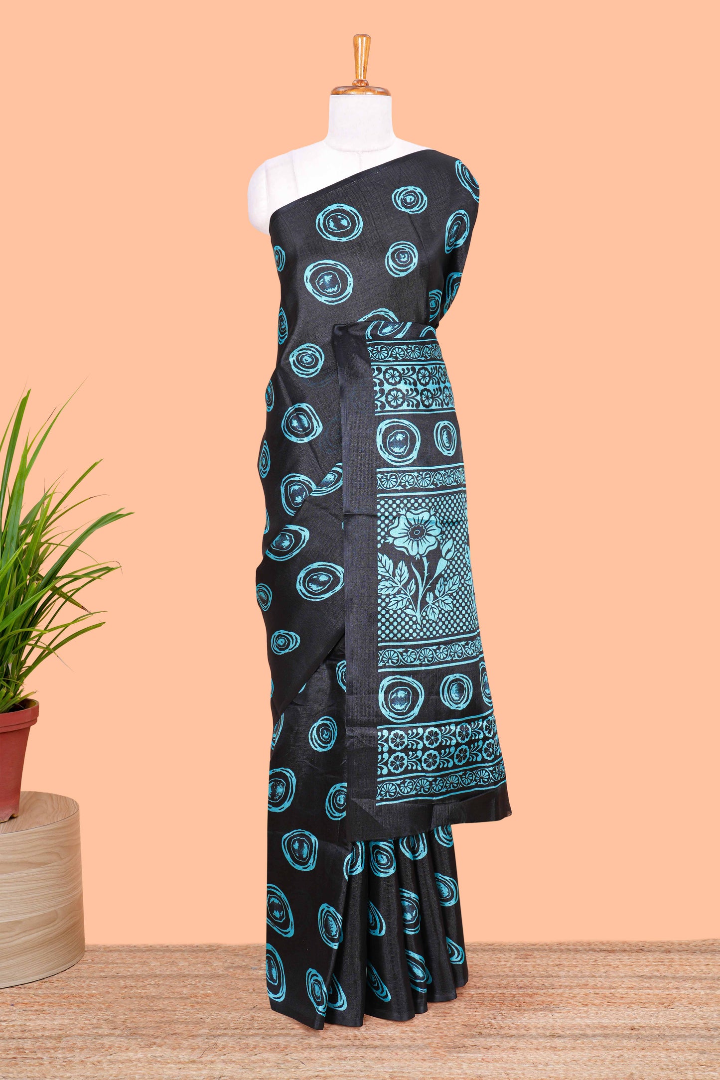 Borderless black south cotton saree with blue adire batik print on body and pallu
