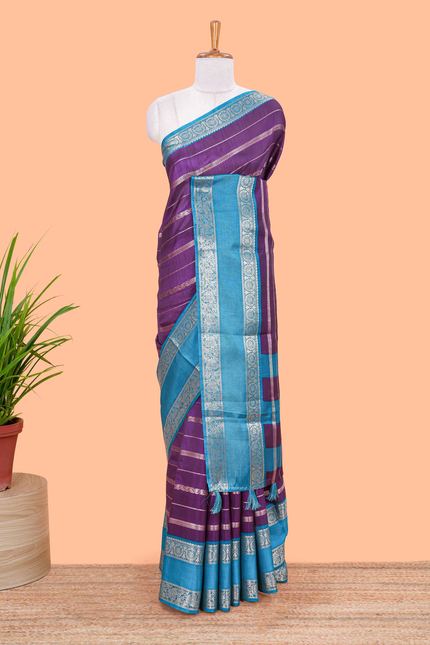 Violet dola silk saree with rich zari weaving and contrast jacquard border