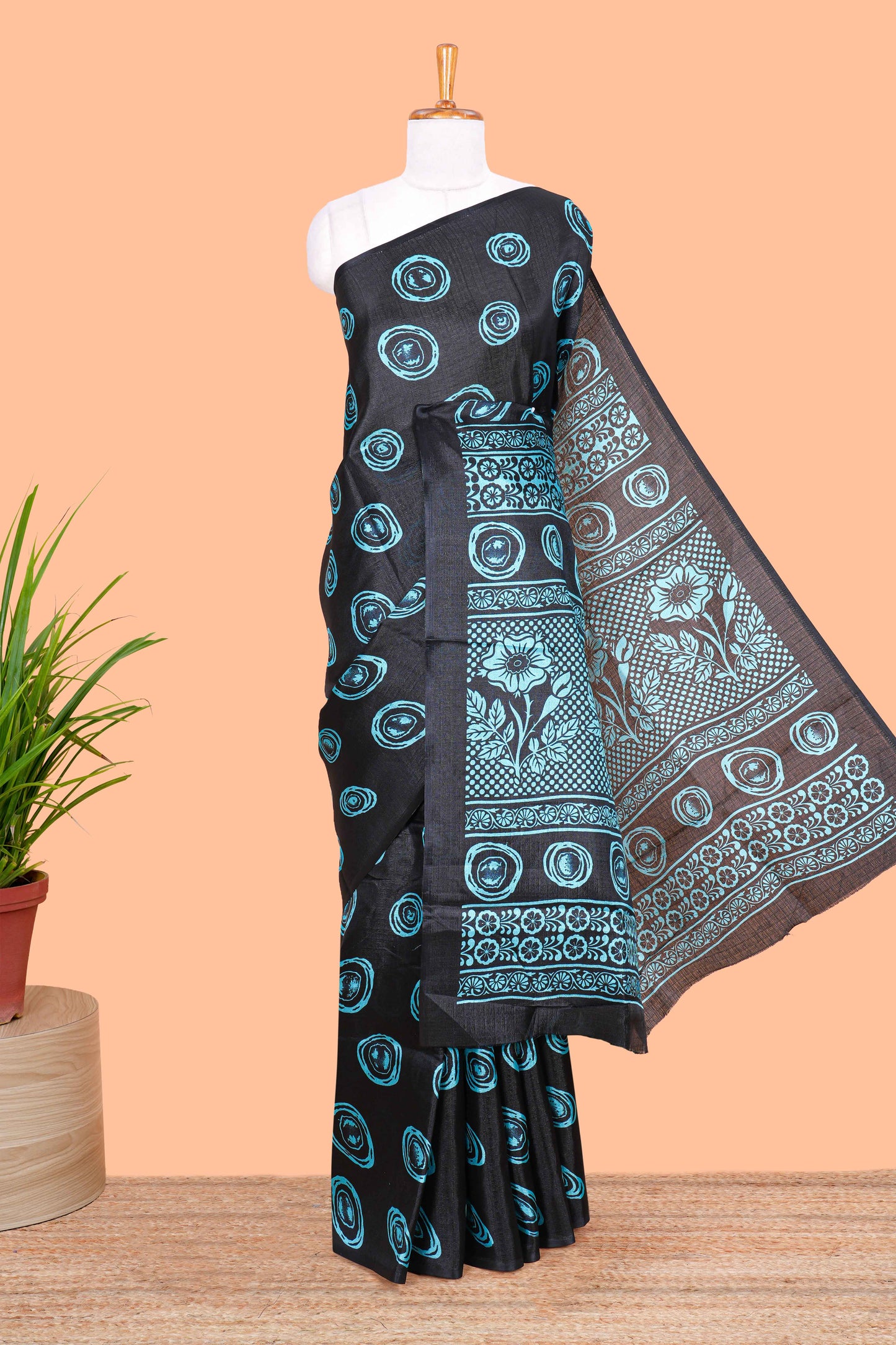 Borderless black south cotton saree with blue adire batik print on body and pallu