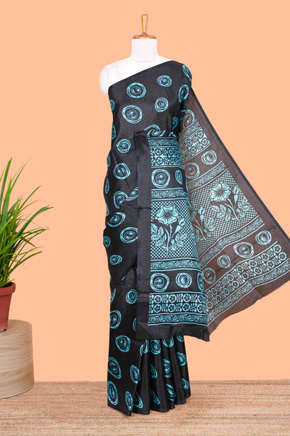 Borderless black south cotton saree with blue adire batik print on body and pallu
