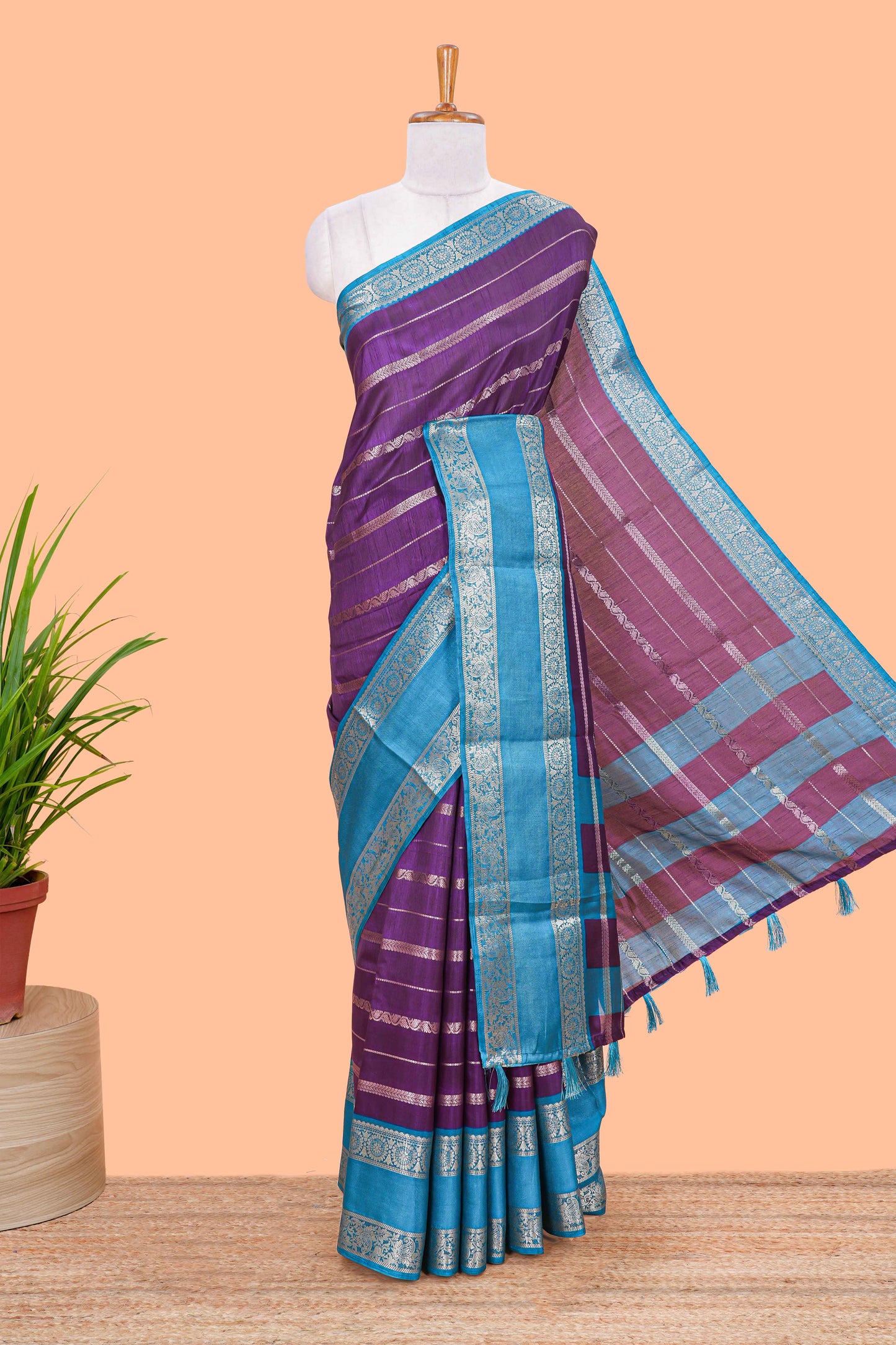 Violet dola silk saree with rich zari weaving and contrast jacquard border