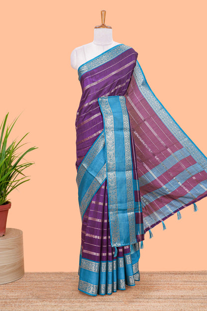 Violet dola silk saree with rich zari weaving and contrast jacquard border