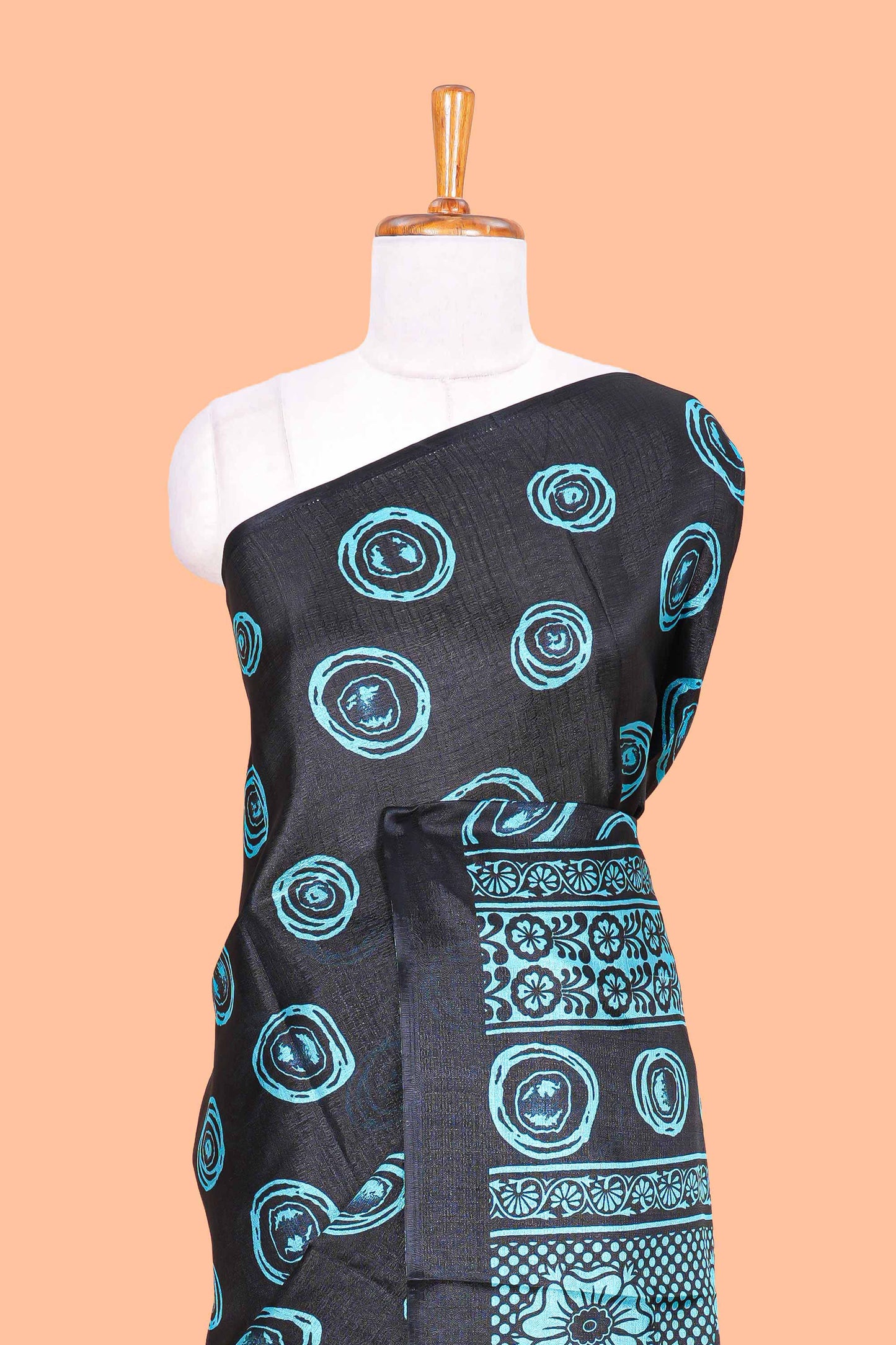 Borderless black south cotton saree with blue adire batik print on body and pallu