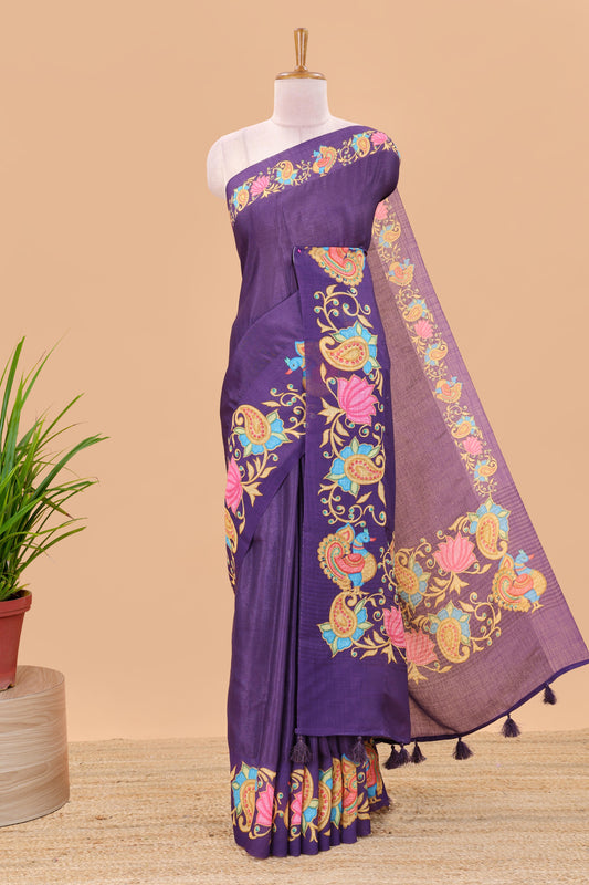 Violet tanjore painting style linen tussar saree with peacock & lotus motifs and printed pallu