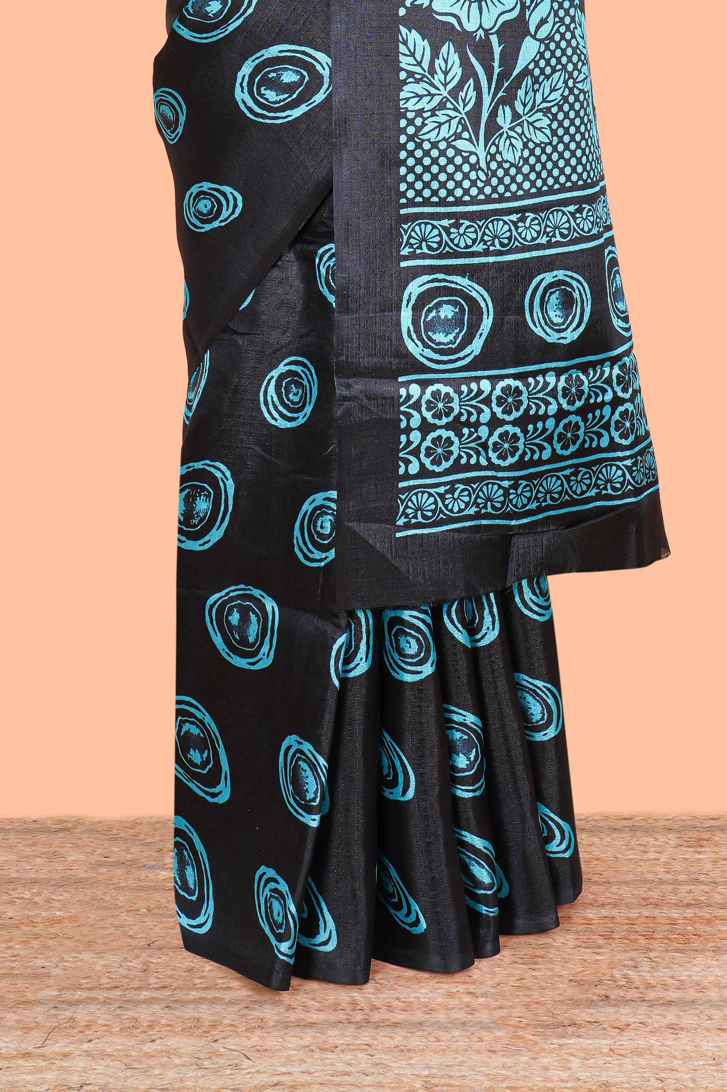 Borderless black south cotton saree with blue adire batik print on body and pallu
