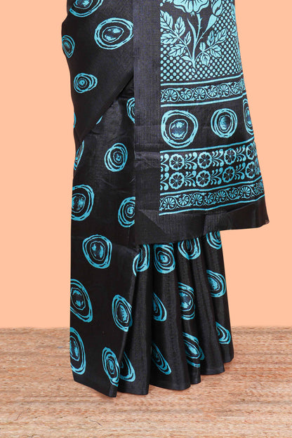 Borderless black south cotton saree with blue adire batik print on body and pallu