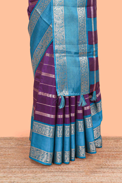 Violet dola silk saree with rich zari weaving and contrast jacquard border