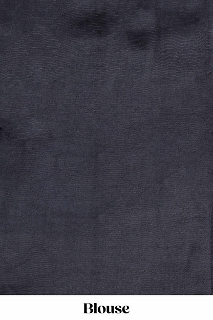 Borderless black south cotton saree with blue adire batik print on body and pallu