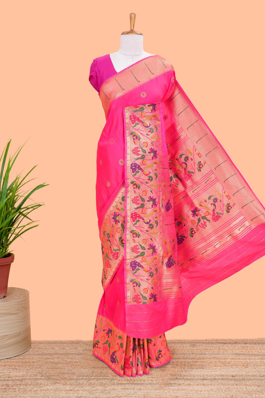 Pink art silk saree golden zari motifs body and paithani pallu along with blouse